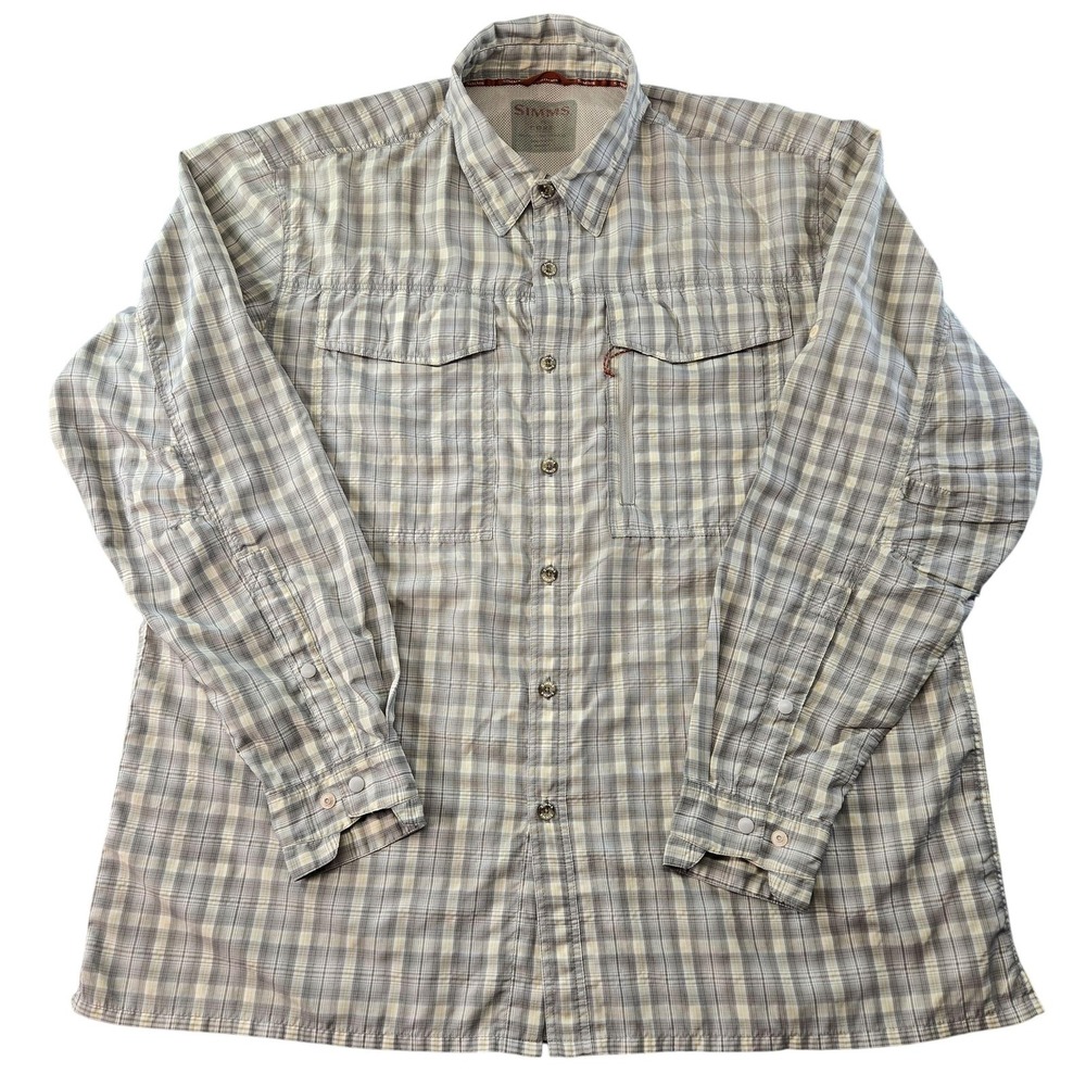 Simms Shirt Mens L Beige Long Sleeve Button Up Plaid Pockets Quick Dry